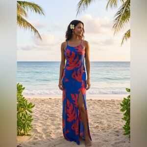 Forever Gate Blue & Red Tropical Monstera Leaf Print Maxi Dress-Size Small-NWT
